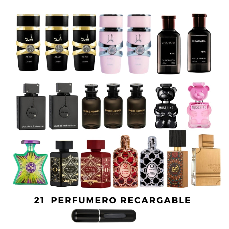 0138 - KIT 21 PERFUMES + 21 PERFUMERO RECARGABLE REGALO