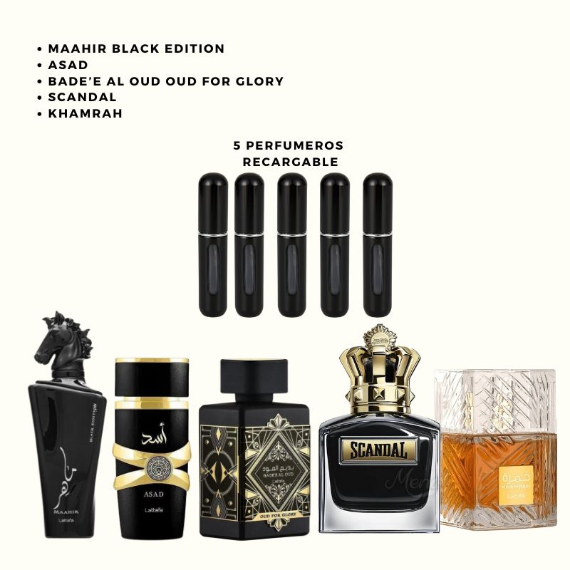 0148 - 5 PERFUMES + 5 REGALOS (Maahir Black Edition asad Bade’e Al Oud Oud for Glory scandal khamrah)