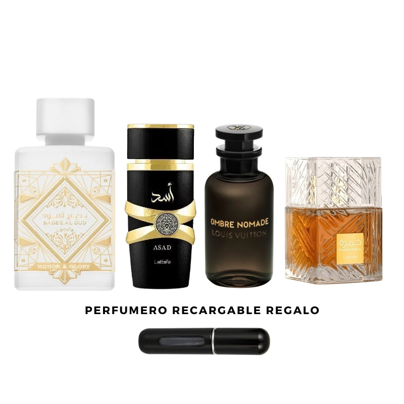 0162 -  4 PERFUMES + 1 REGALO (Asad - ombre Nomade - khamrah - honor Y Glory + perfumero)