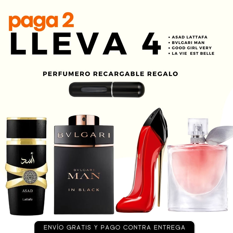 0118 - 4 PERFUMES + REGALO (Asad+bvlgari+Good girl+vida bella)