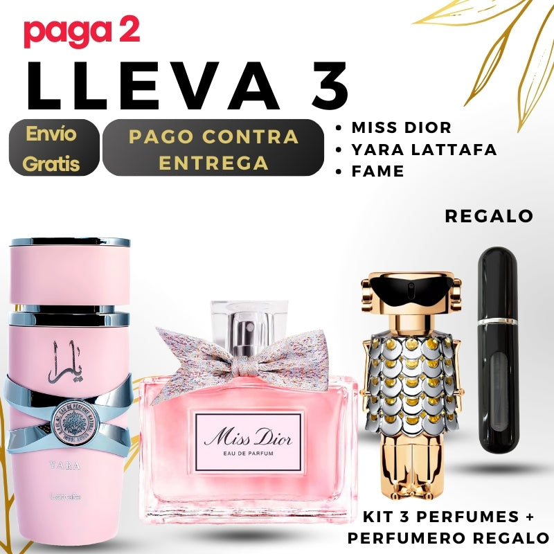 0048 - KIT 3 PERFUMES + REGALO (Miss dior+yara+fame+perfumero)