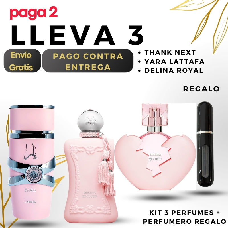 0047 - KIT 3 PERFUMES + REGALO (Delina Royal+yara+thank next+perfumero)