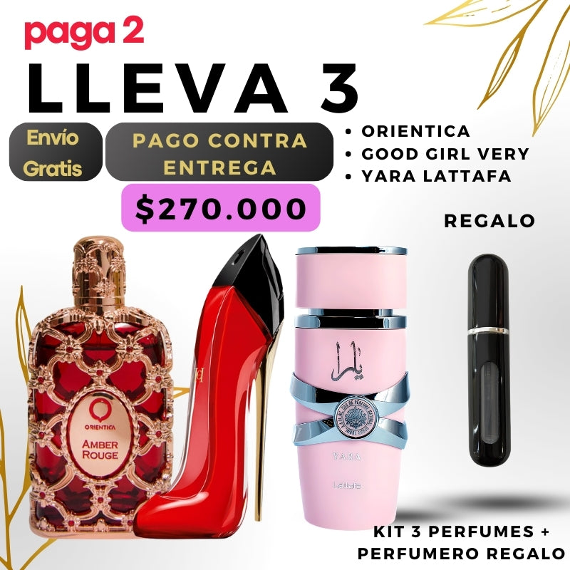 0034 - KIT 3 PERFUMES + REGALO (Goodgirl Very + Amber Rouge Orientica+Yara Lattafa)