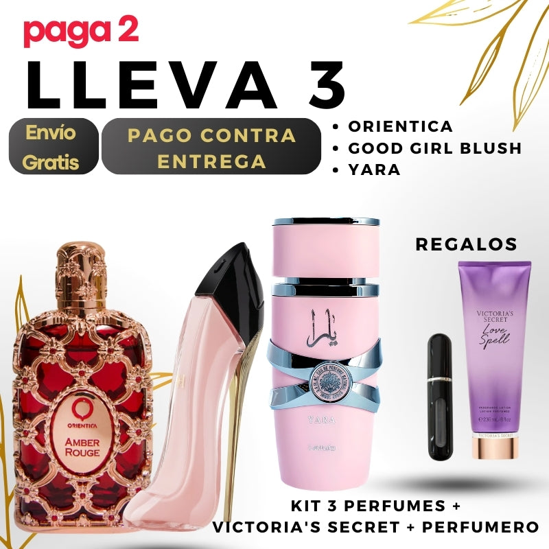 0033 - KIT 3 PERFUMES + REGALOS  (Goodgirl+ Amber Rougeorientica+Yara + Victoria's Secret + Perfumero))