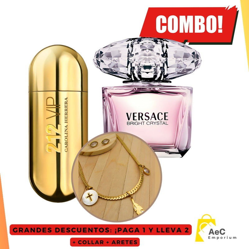 0007 - KIT 2 PERFUMES + REGALOS  (212vip + Versace Crystal + Collar + Aretes)