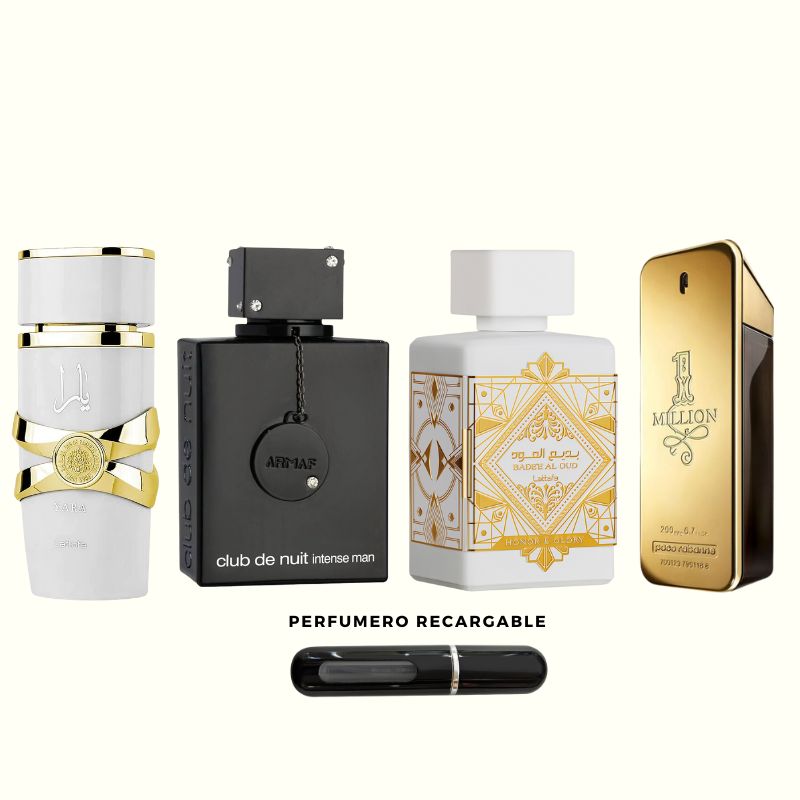 0123 - 4 PERFUMES + 1 REGALO (yara Moi - 1 million - Club de nuit - Badee Al Oud + perfumero