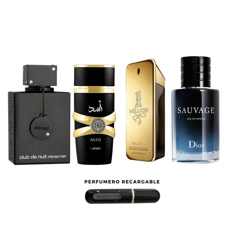 0127 - 4 PERFUMES + 2 REGALOS (Club de nuit, ASAD de lataffa,  1 million,  Sauvage de dior + perfumer)