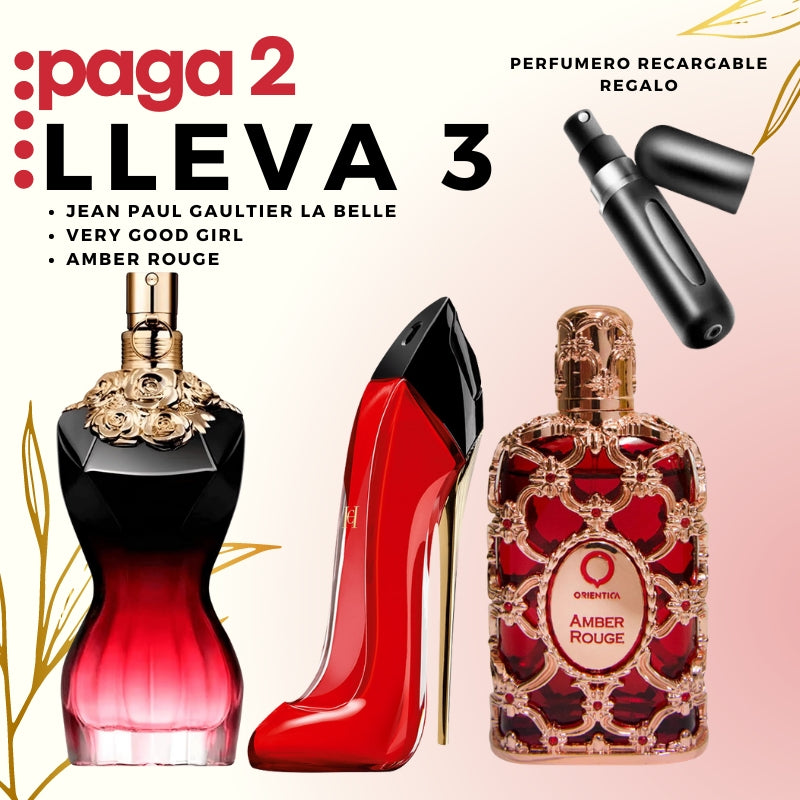 0077- KIT 3 PERFUMES + RAGALO (Orientica+Good girl+jean Paul+perfumero)