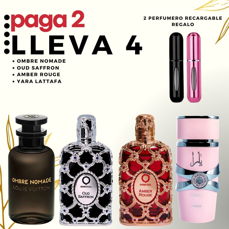 0079- KIT 4 PERFUMES + 2 RAGALOs (Ombre nomade+oud safron+yara larrafa+royal amber + 2 perfumeros)