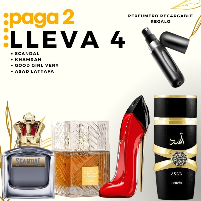 0083 - KIT 4 PERFUMES +  REGALOS (Scandal+Khamrah+Good girl+Asad+perfumero)