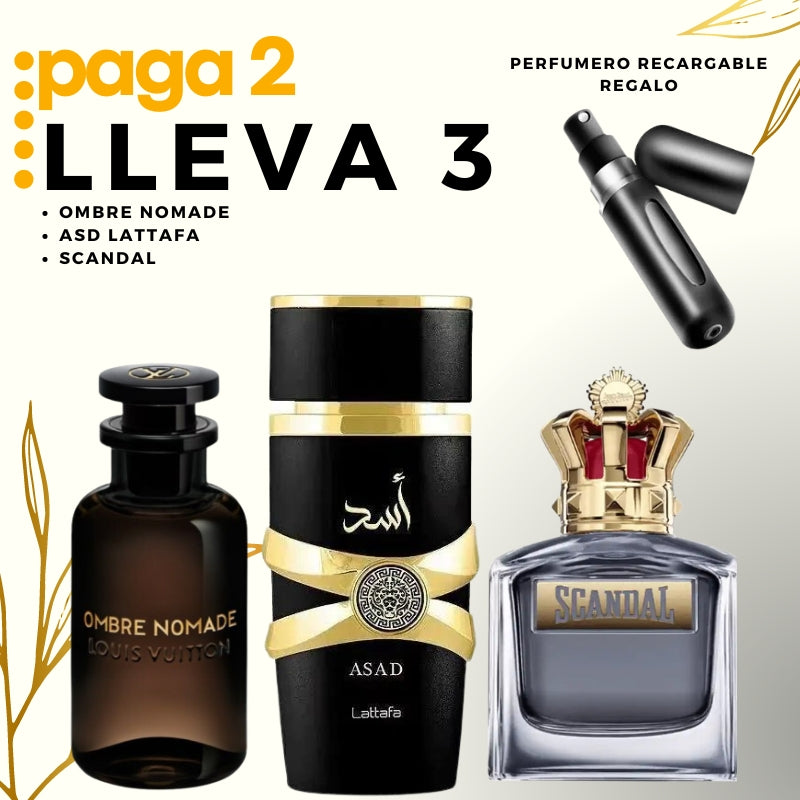 0071- KIT 3 PERFUMES + RAGALO (scandal+asad+ombre nomade+perfumero)