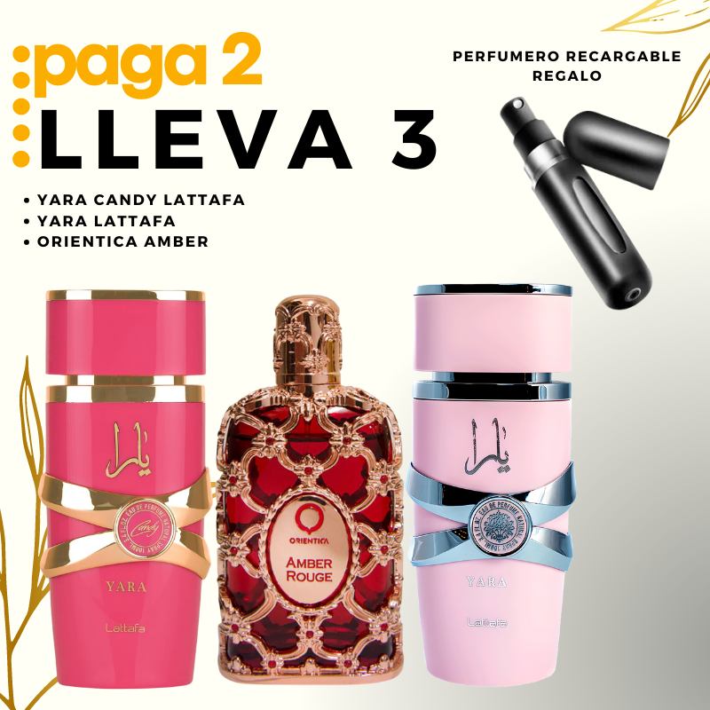 0087 - 3 PERFUME DAMAS + REGALO (Yara candy+yara+orientica amber+perfumro)