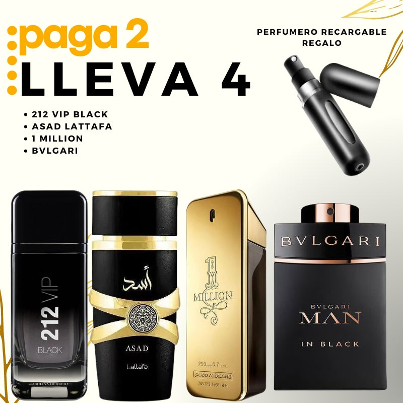 0066 - KIT 4 PERFUMES CABALLERO + REGALO  (1 million + Asad Lattafa+ 212 Vip black+Bvlgari+ Perfumeros)