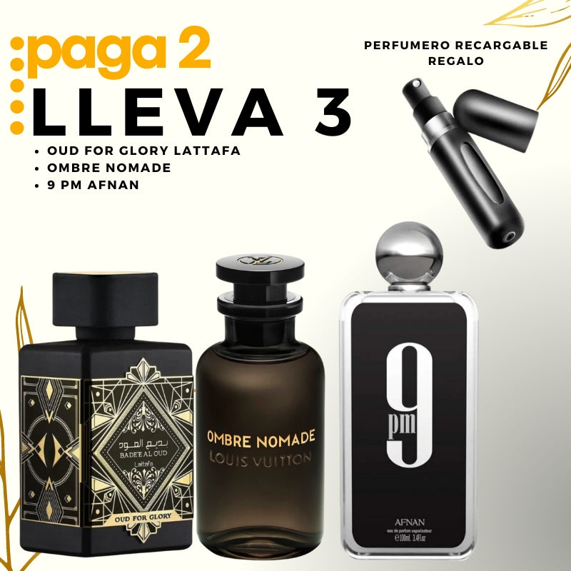 0036 - KIT 3 PERFUMES + REGALO ( Ombre Nomade, 9 Pm, Lattafa Oud For Glory  Mas Perfumero Recargable)