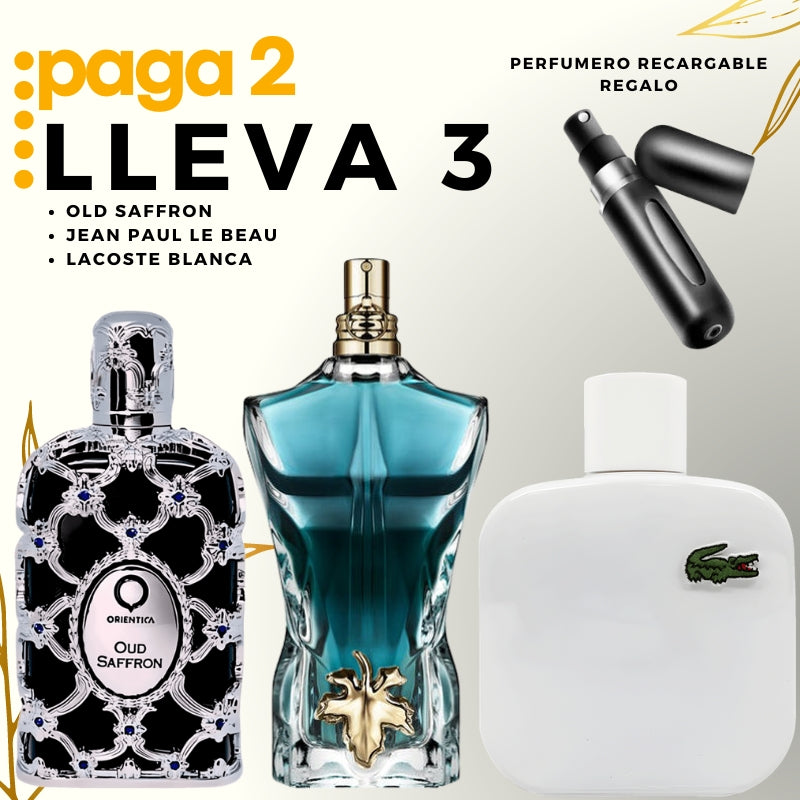 0063 - KIT 3 PERFUMES (Lacoste Blanca, Jean Paul Lebeau Le Parfum, Orientica Oud Saffron Mas Peefumero Recargable)