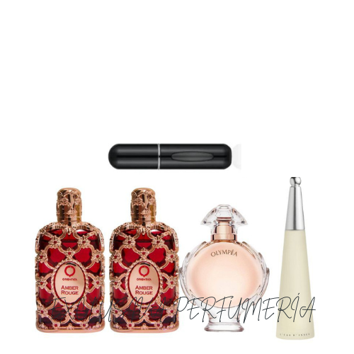 0092 - KIT 4 PERFUMES + REGALO  (2 Amber rouge  +Olympea + miyake + perfumero)