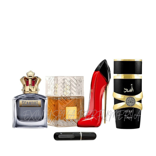 0083 - KIT 4 PERFUMES +  REGALOS (Scandal+Khamrah+Good girl+Asad+perfumero)