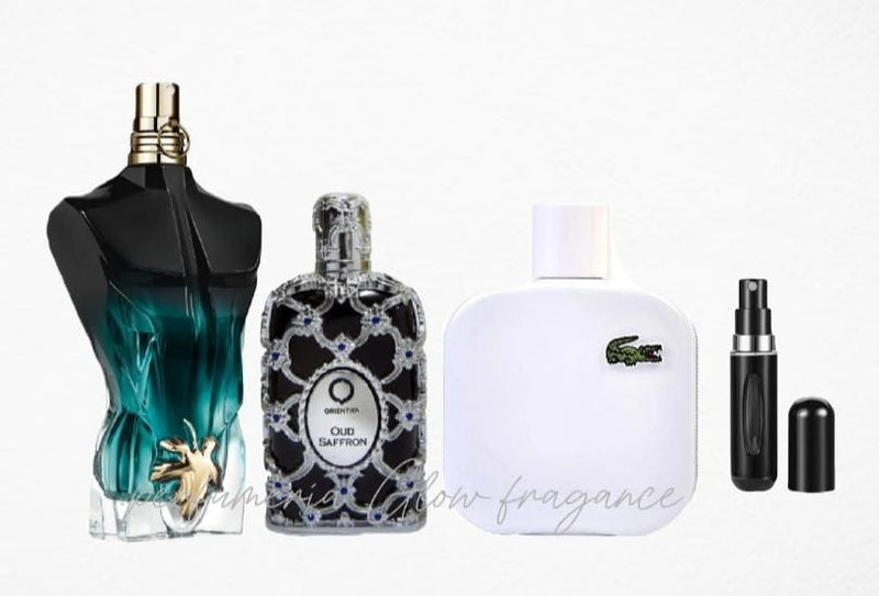 0063 - KIT 3 PERFUMES (Lacoste Blanca, Jean Paul Lebeau Le Parfum, Orientica Oud Saffron Mas Peefumero Recargable)
