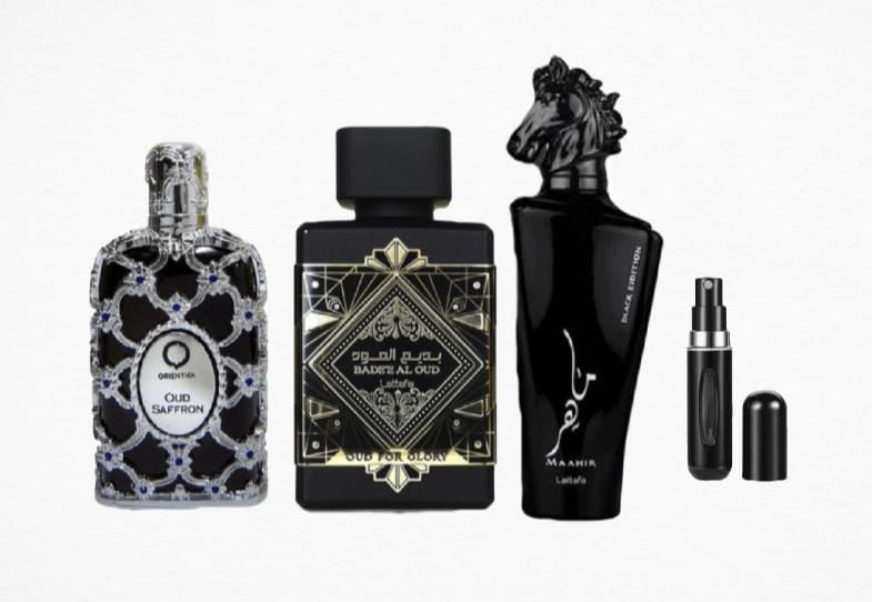 0030 - KIT 3 PERFUMES + REGALO (Maahir Black, Orientica Oud Saffron Lattafa Oud For Glory)