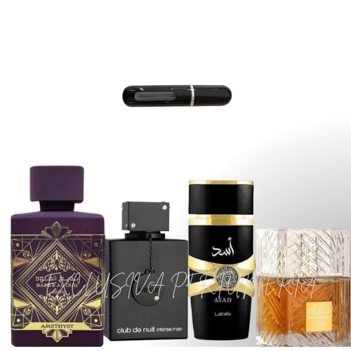 0104 - KIT 4 PERFUMES + 1 REGALO (Amethyst+club de nuit+ asad+khamrah + perfumero)