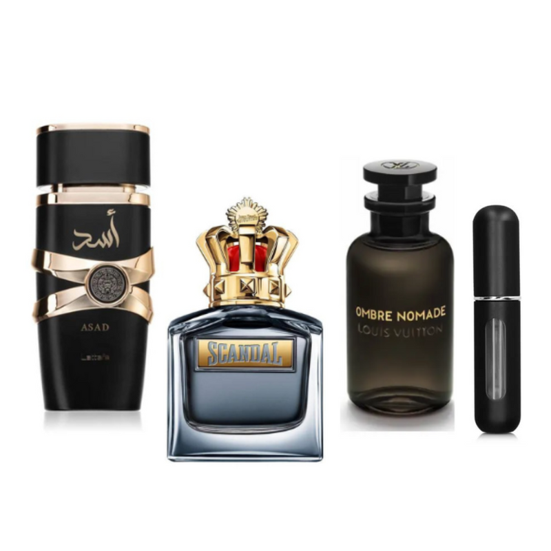 0071- KIT 3 PERFUMES + RAGALO (scandal+asad+ombre nomade+perfumero)