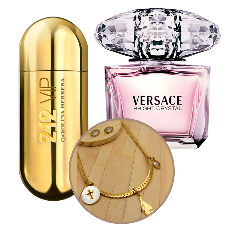 0007 - KIT 2 PERFUMES + REGALOS  (212vip + Versace Crystal + Collar + Aretes)